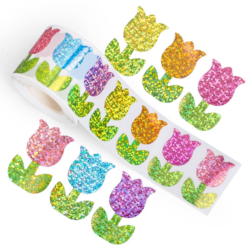 Whaline Spring Tulip Stickers Roll Laser Colorful Flower Shape Seal Stickers Floral Waterproof Self-Adhesive Decals for Envelope Journal Decor Birthday Holiday, 500 Pcs - Image 1